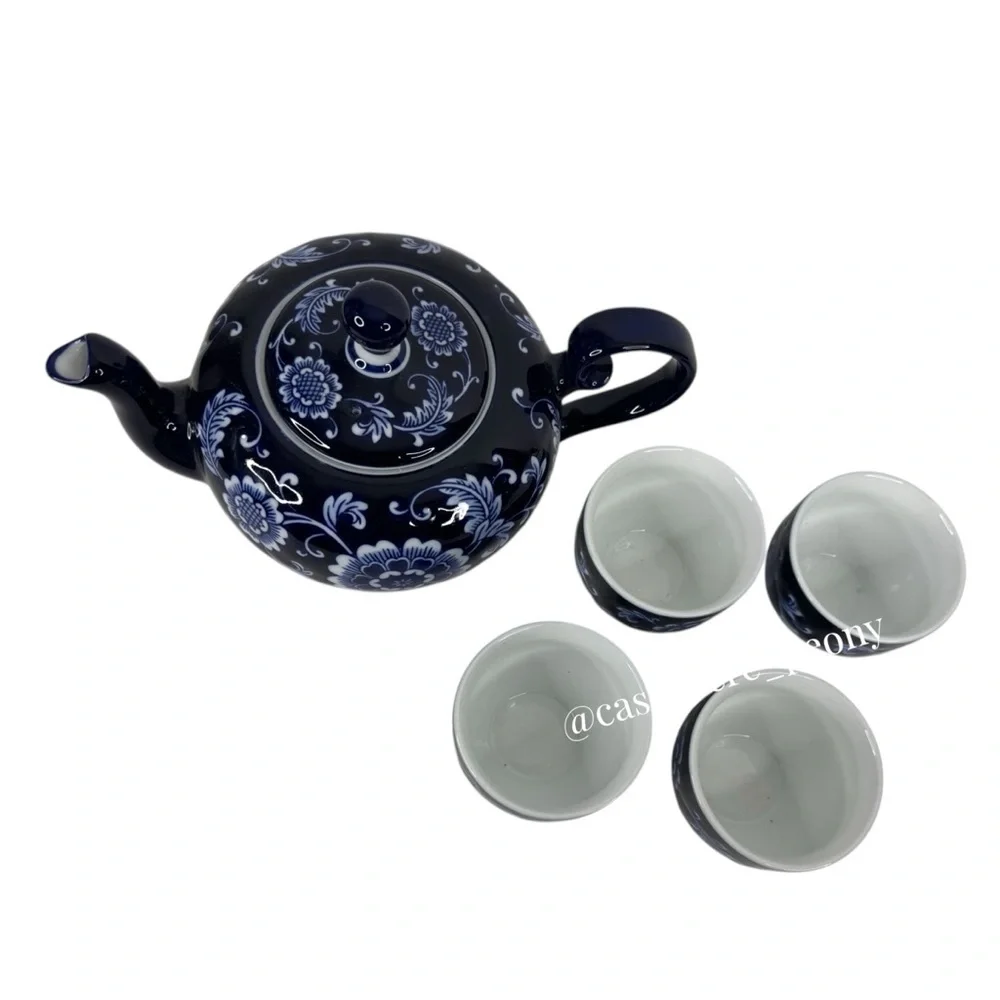 Pier 1 Cobalt Blue Mandarin Floral Tea Set - Tea Pot and 4 Cups
